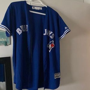 Blue Jays Button Up Tshirt Majestic Jersey (Youth 14/16) fits Women Small